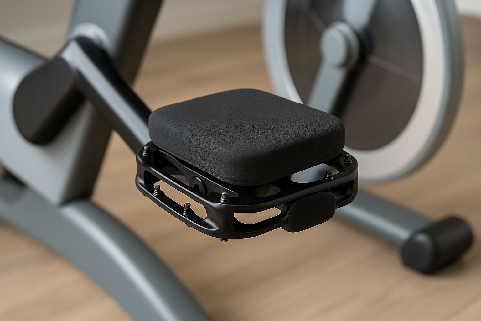 Cyklistens fot på en mountainbikepedal med dämpning, redo för träning.