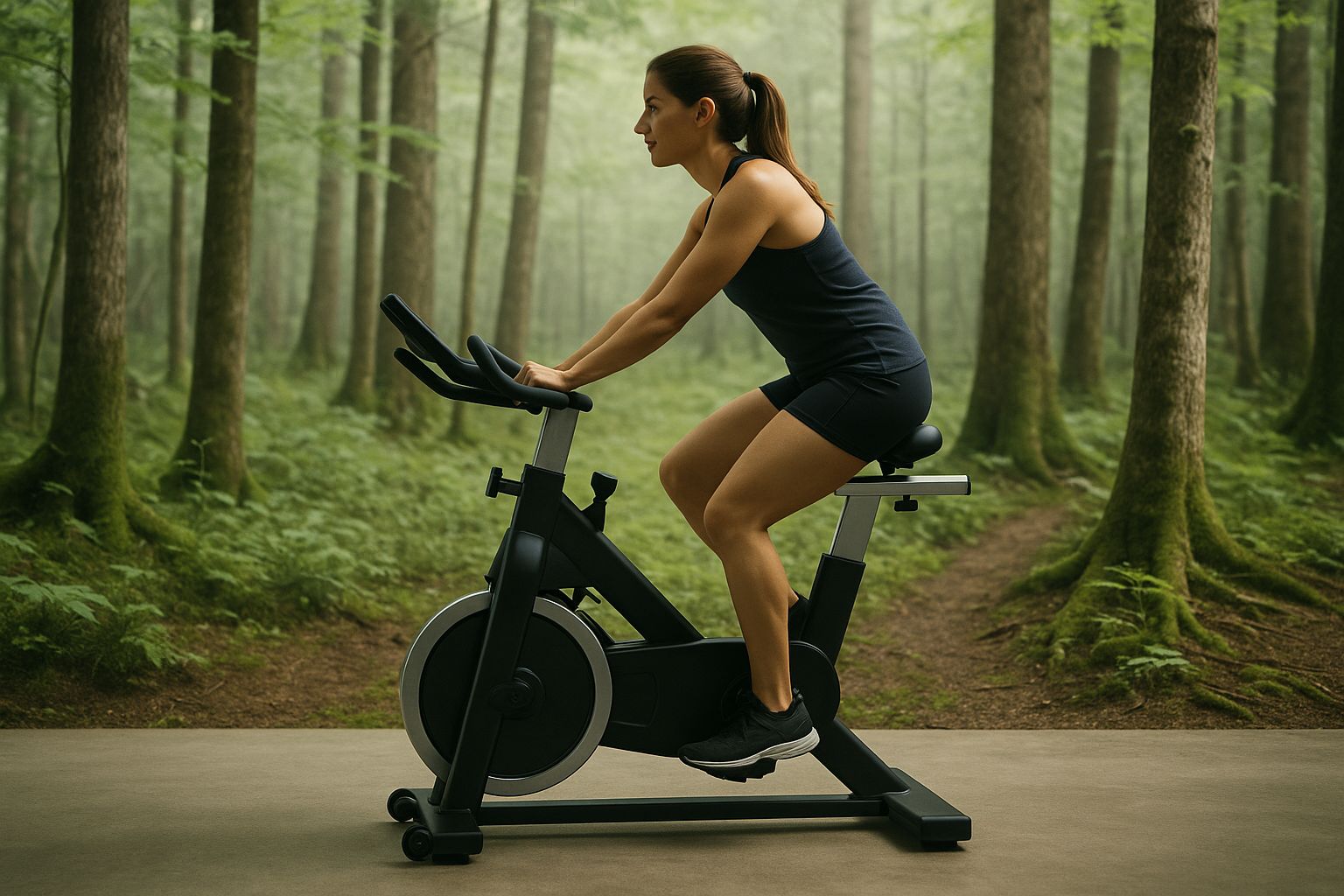 Cyklist på motionscykel tränar med skog i bakgrunden